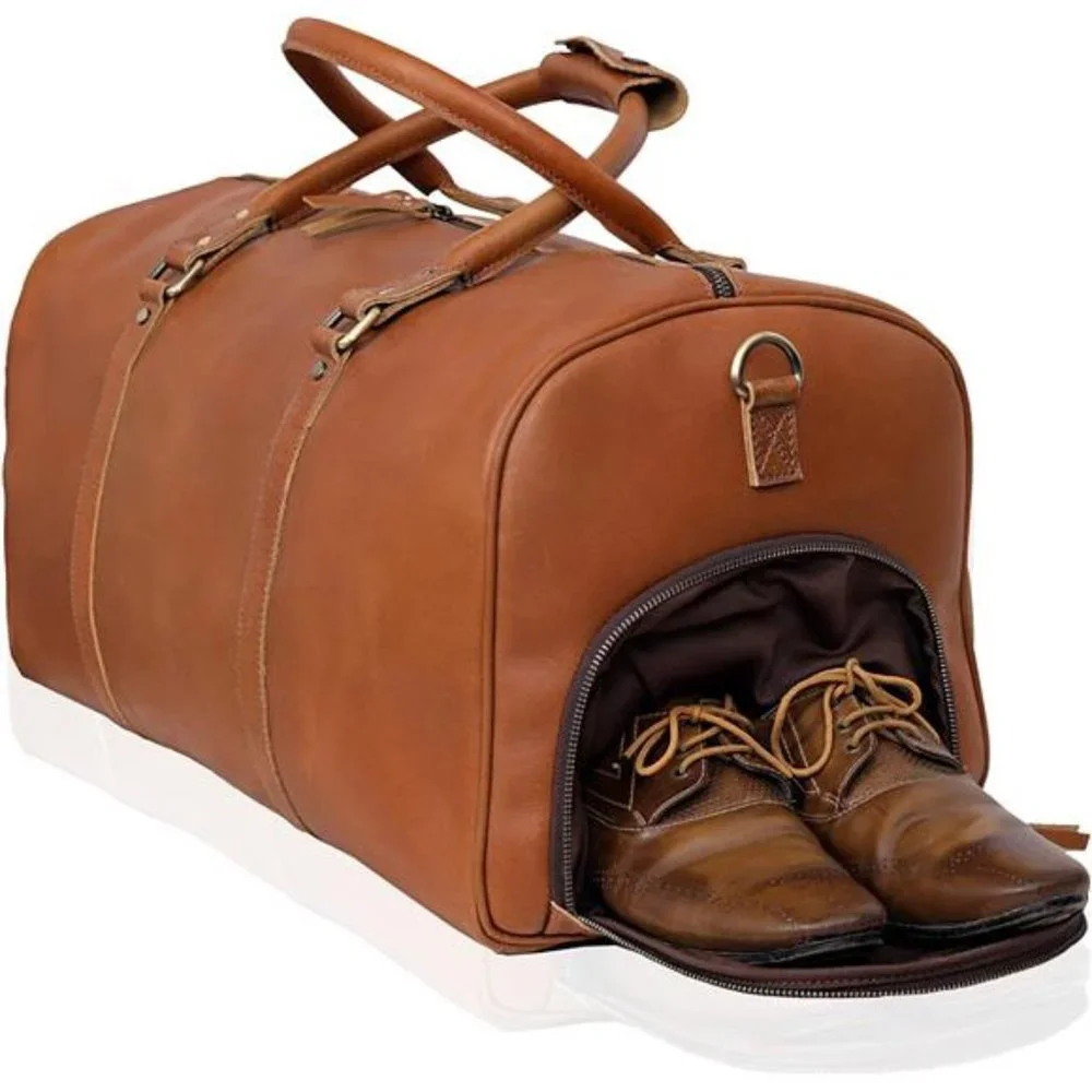 Unisex Leather Large Duffel Bag with Shoe Compartment, Tan Brown